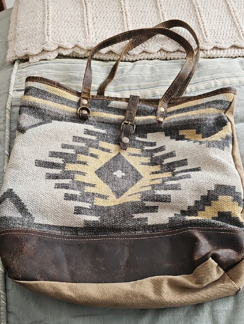 Boho Southwestern Tote Bag with Leather Trim - Brown/Gray/Yellow
